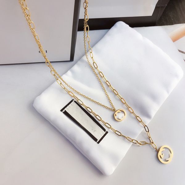 luxury design brand necklace 18k gold plated stainless steel necklaces double layer choker chain letter pendant fashion womens wedding jewel, Silver